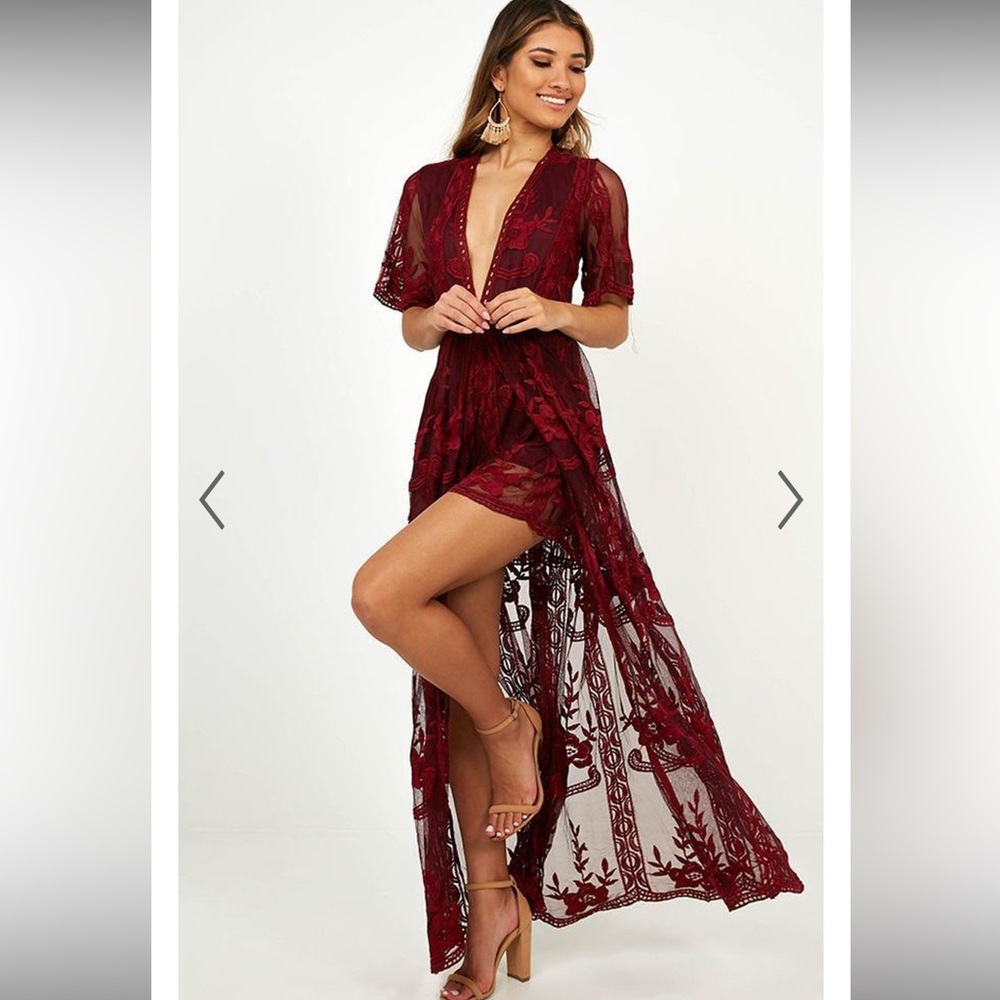 SHOWPO LETS GET LOUD MAXI PLAYSUIT IN WINE LACE- size S